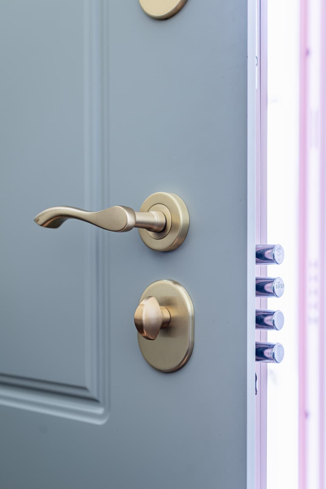 Close-up of solid brass lever handle