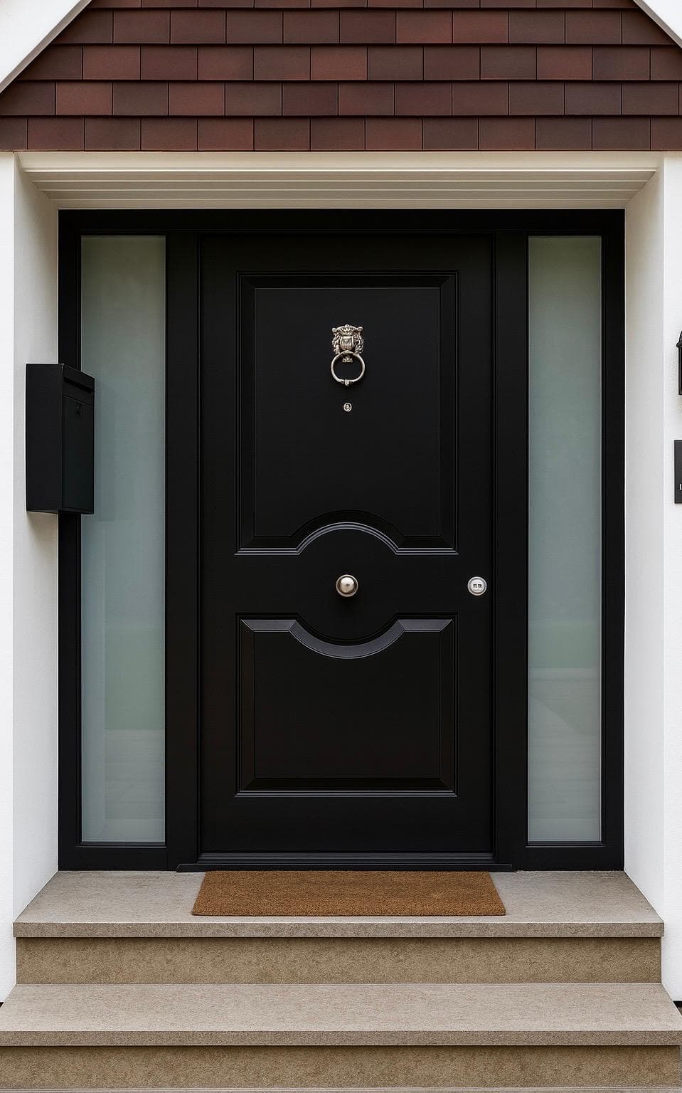 Black ornate steel door with lion knocker under gable
