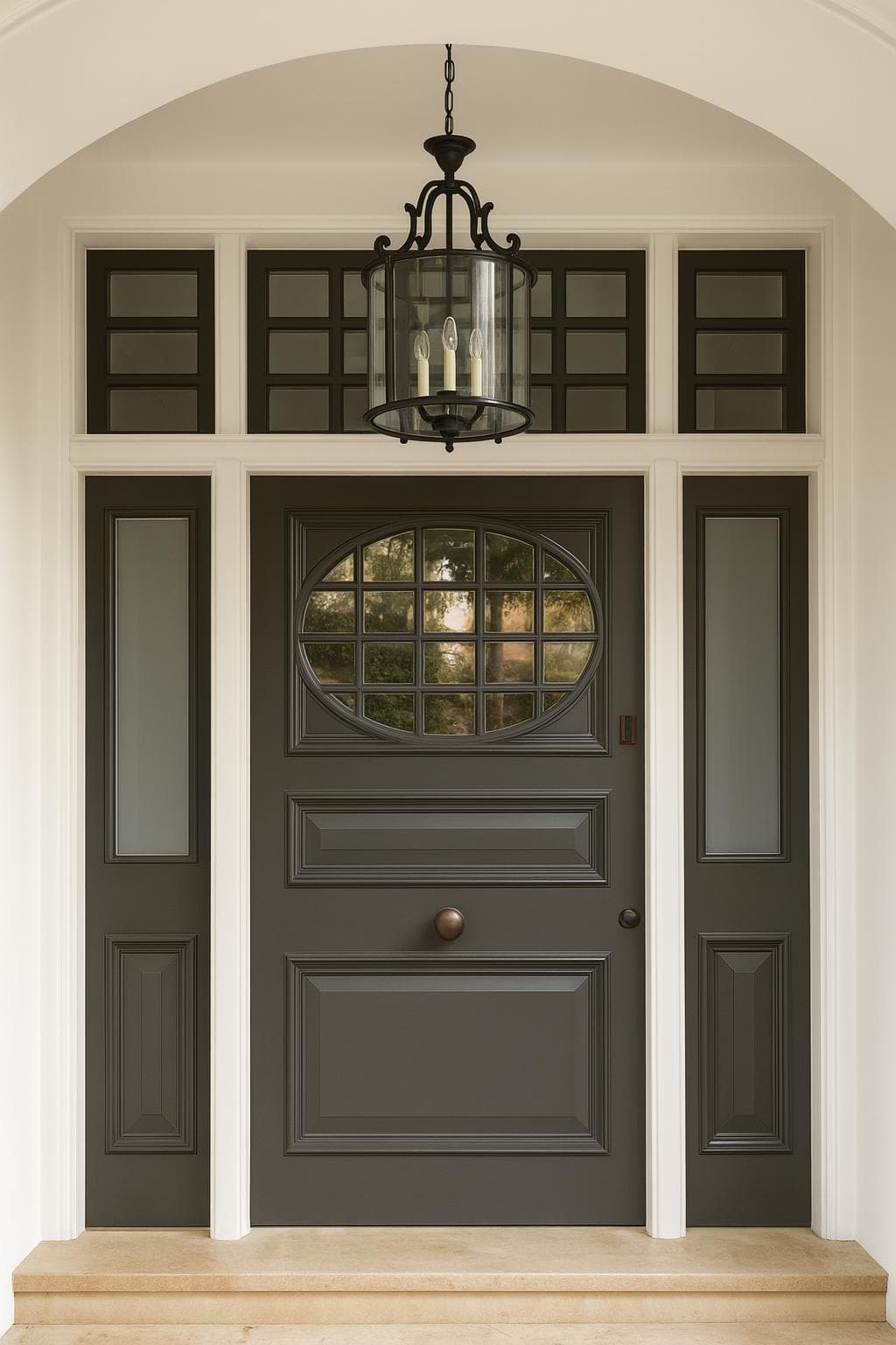Charcoal traditional steel door with oval window and lantern