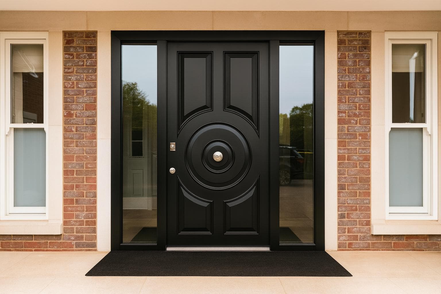 Black ornate steel door set within stone surround