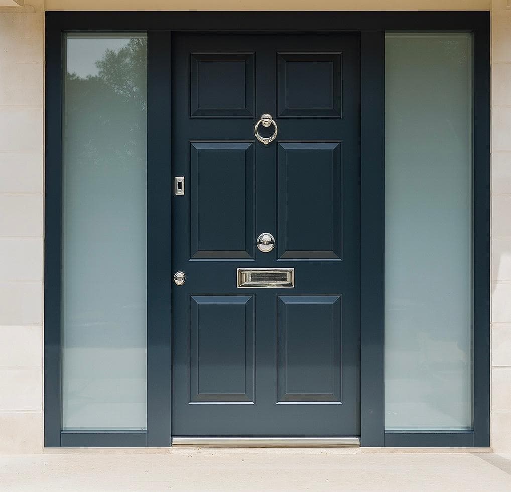 Navy panelled steel entrance door with chrome hardware