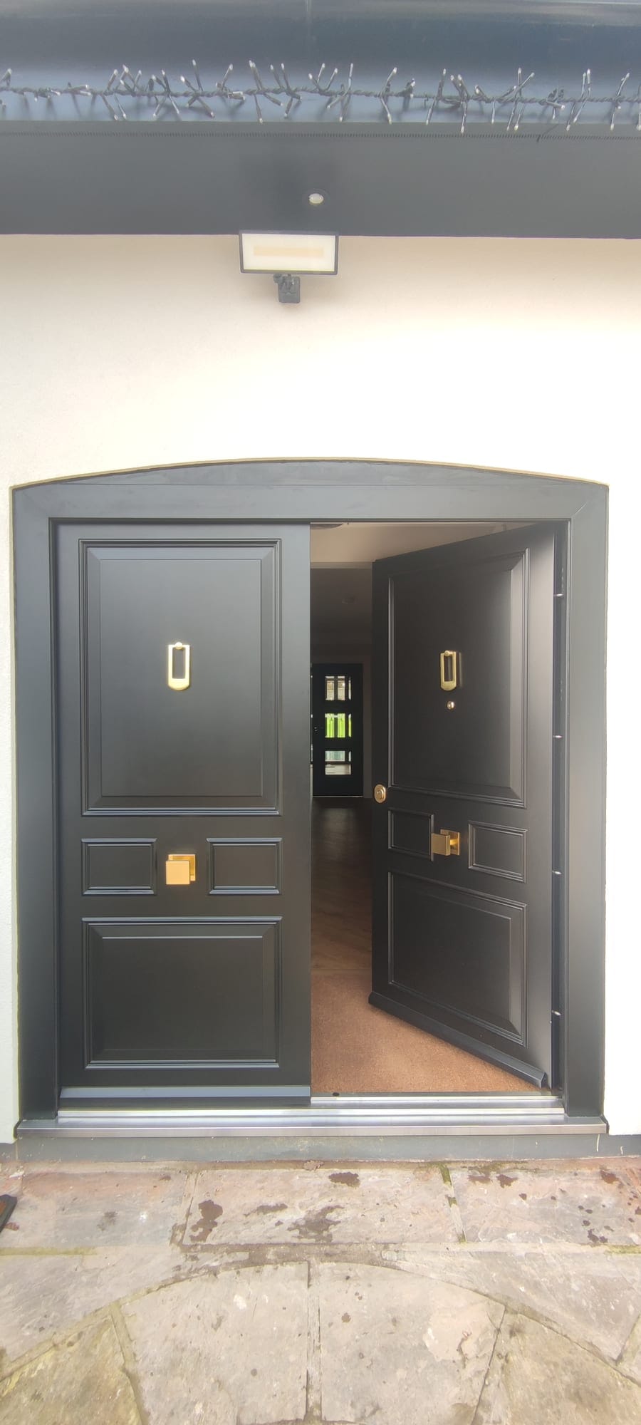 Black panelled double steel doors with brass knockers and fingerprint access