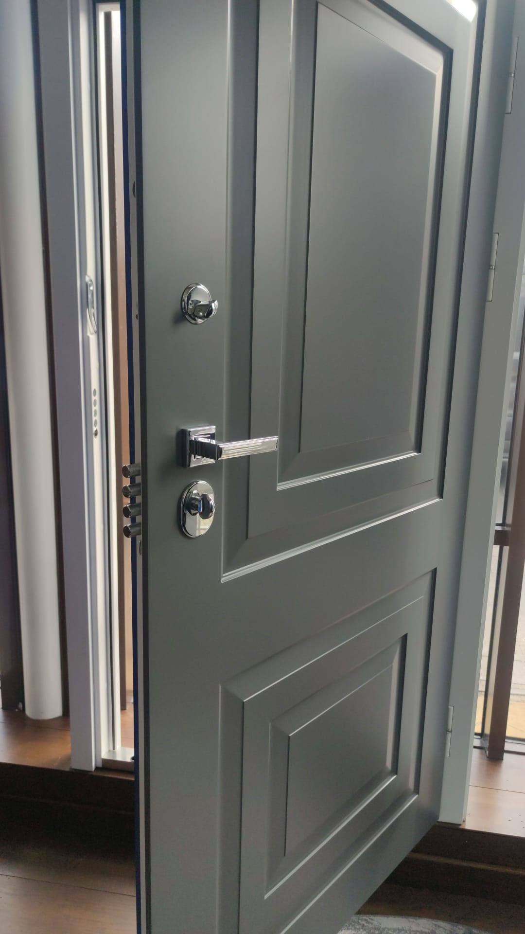 Chrome multi-point locking mechanism detail on a steel entrance door