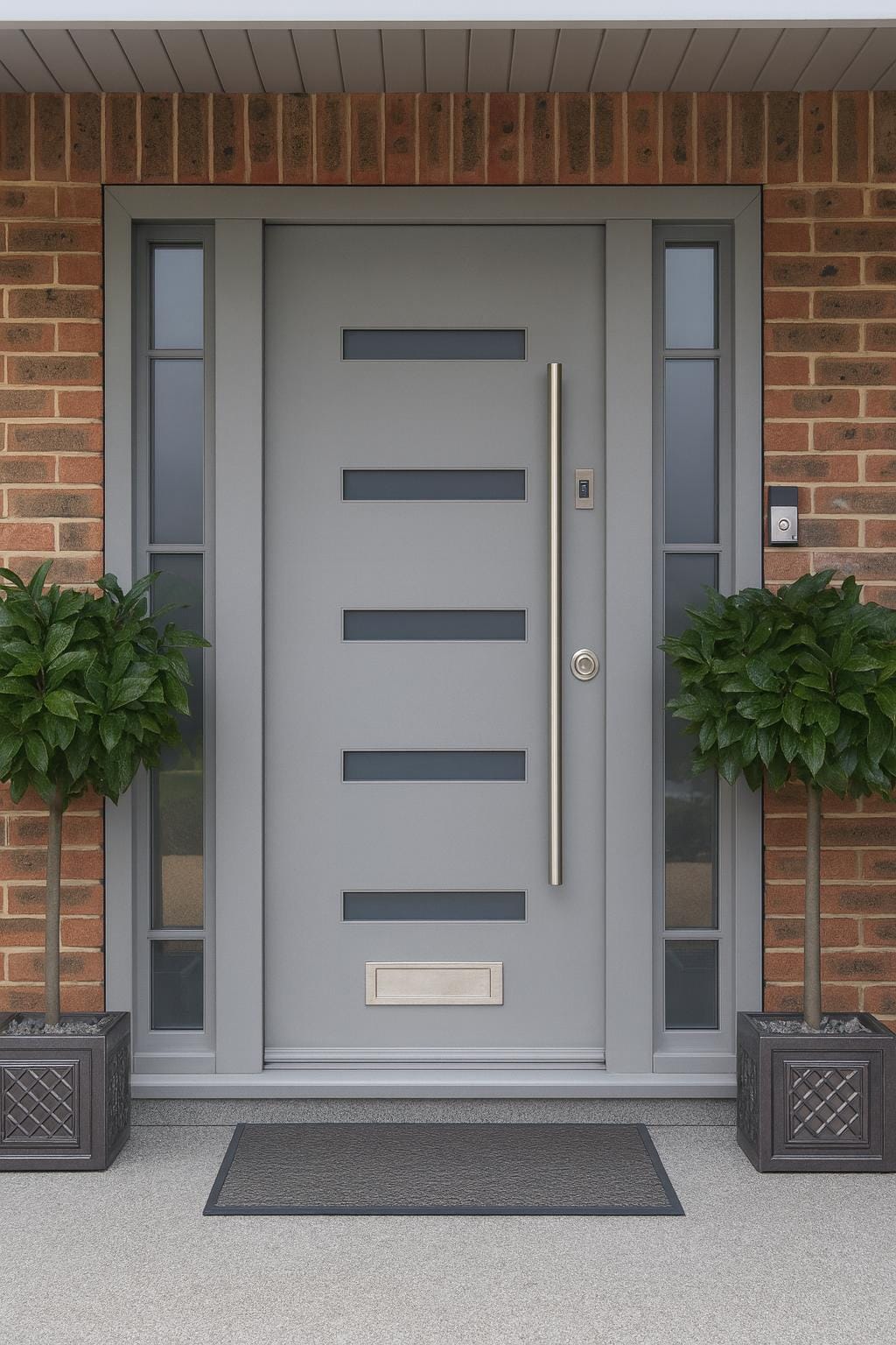 Grey contemporary steel entrance door with horizontal slot detailing — thermally efficient design