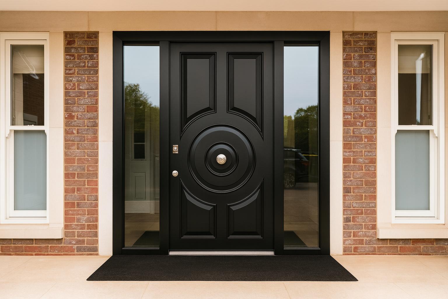 Black ornate steel entrance door with medallion and sidelights set in stone surround