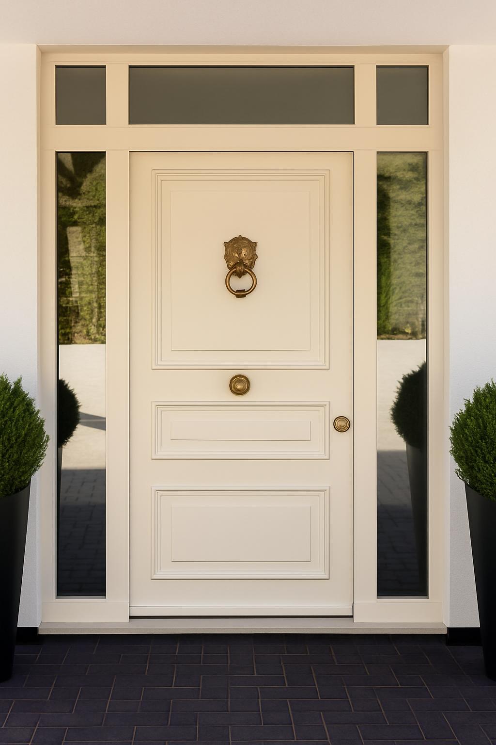 Cream traditional steel door with lion knocker and topiary